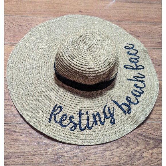 Unbranded Accessories - Paper Hat Resting Beach Face Floppy Straw Sun Hat Black Ribbon One Size Ties Tan